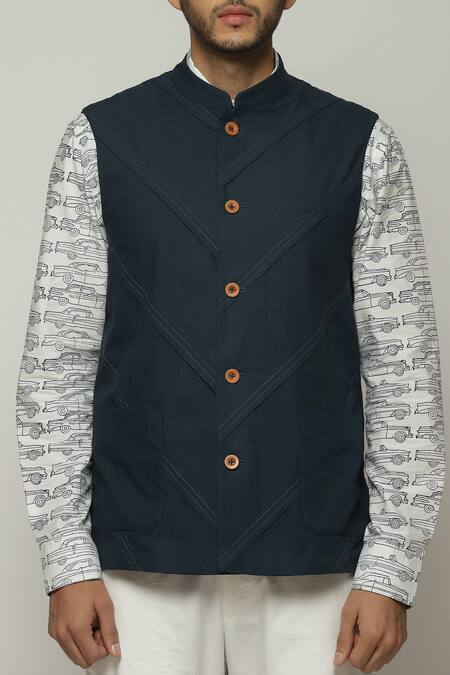 Buy Abraham And Thakore Blue Poplin Sleeveless Diagonal Pleats Bundi Online at Aza Fashions Buy_Abraham And Thakore_Blue Poplin Sleeveless Diagonal Pleats Bundi_Online_at_Aza_Fashions