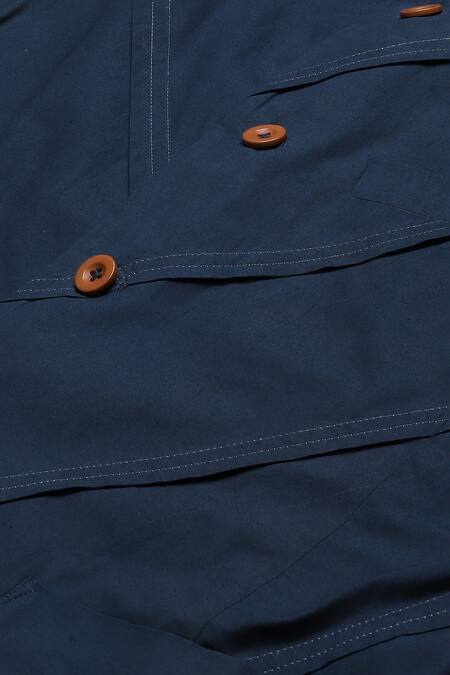 Shop Abraham And Thakore Blue Poplin Sleeveless Diagonal Pleats Bundi Online at Aza Fashions Shop_Abraham And Thakore_Blue Poplin Sleeveless Diagonal Pleats Bundi_Online_at_Aza_Fashions