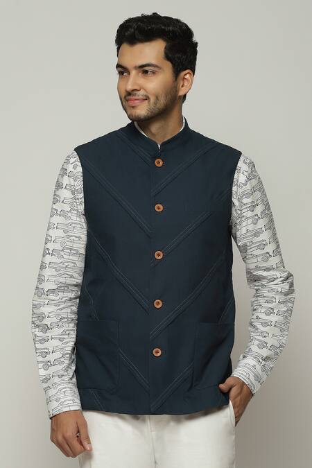 Abraham And Thakore Blue Poplin Sleeveless Diagonal Pleats Bundi at Aza Fashions Abraham And Thakore_Blue Poplin Sleeveless Diagonal Pleats Bundi_at_Aza_Fashions