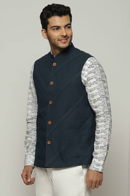 Buy Abraham And Thakore Blue Poplin Sleeveless Diagonal Pleats Bundi Buy_Abraham And Thakore_Blue Poplin Sleeveless Diagonal Pleats Bundi