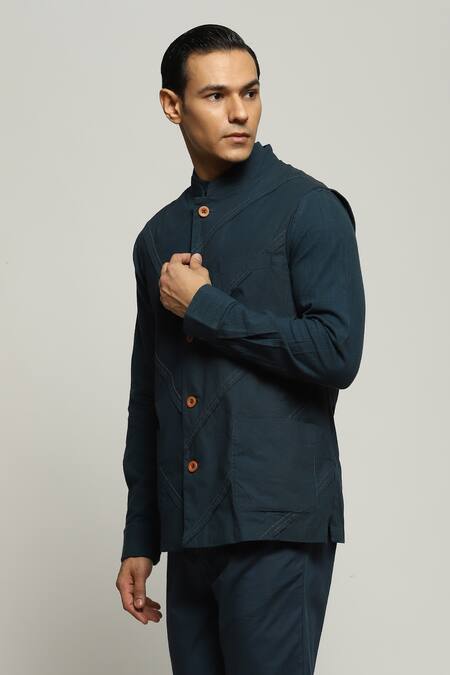 Buy Abraham And Thakore Blue Poplin Diagonal Pleats Sleeveless Bundi Online at Aza Fashions Buy_Abraham And Thakore_Blue Poplin Diagonal Pleats Sleeveless Bundi_Online_at_Aza_Fashions