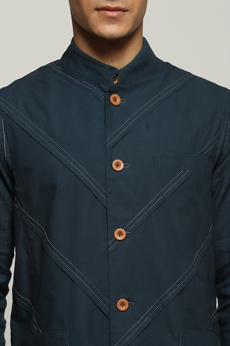 Shop Abraham And Thakore Blue Poplin Diagonal Pleats Sleeveless Bundi Online at Aza Fashions Shop_Abraham And Thakore_Blue Poplin Diagonal Pleats Sleeveless Bundi_Online_at_Aza_Fashions