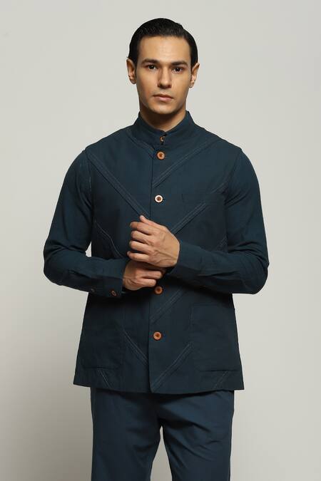 Abraham And Thakore Blue Poplin Diagonal Pleats Sleeveless Bundi at Aza Fashions Abraham And Thakore_Blue Poplin Diagonal Pleats Sleeveless Bundi_at_Aza_Fashions