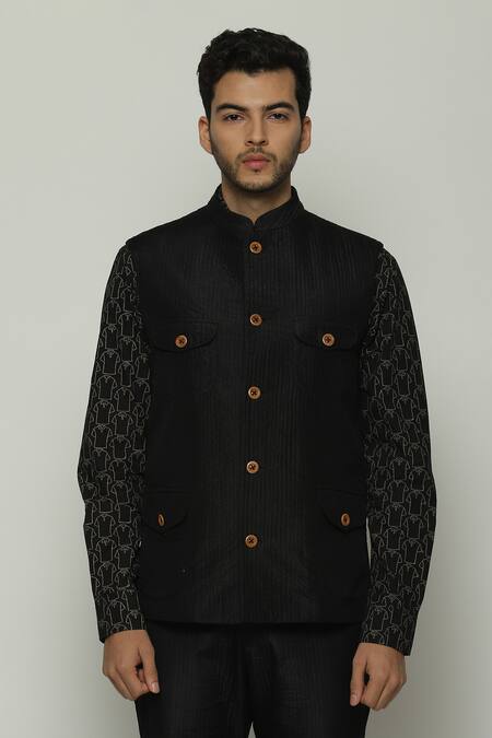 Abraham And Thakore Black Silk Stripe Texture Bundi Online at Aza Fashions Abraham And Thakore_Black Silk Stripe Texture Bundi_Online_at_Aza_Fashions