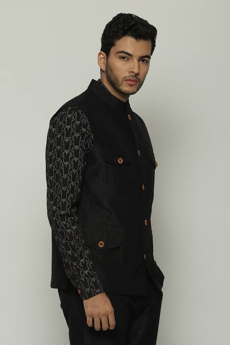 Buy Abraham And Thakore Black Silk Stripe Texture Bundi Online at Aza Fashions Buy_Abraham And Thakore_Black Silk Stripe Texture Bundi_Online_at_Aza_Fashions