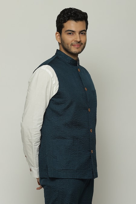 Buy Abraham And Thakore Blue Silk Teal Stripe Stitch Bundi Online at Aza Fashions Buy_Abraham And Thakore_Blue Silk Teal Stripe Stitch Bundi_Online_at_Aza_Fashions