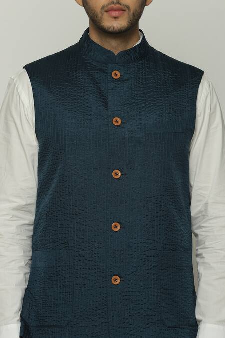 Shop Abraham And Thakore Blue Silk Teal Stripe Stitch Bundi Online at Aza Fashions Shop_Abraham And Thakore_Blue Silk Teal Stripe Stitch Bundi_Online_at_Aza_Fashions