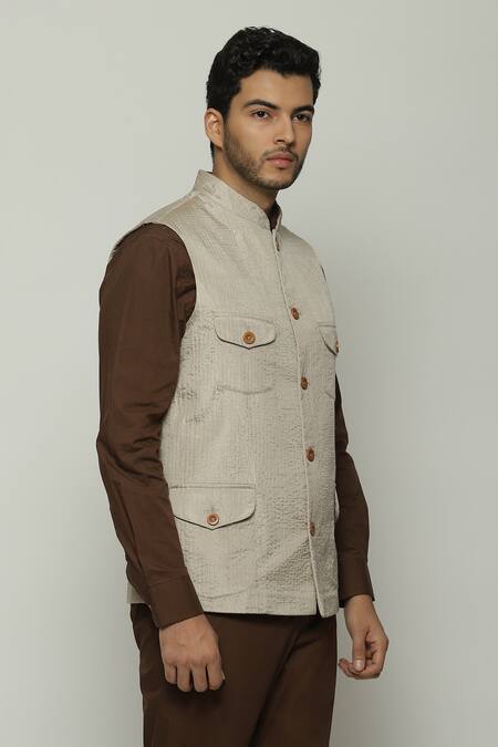 Buy_Abraham And Thakore_Beige Silk Stripe Texture Bundi_Online_at_Aza_Fashions