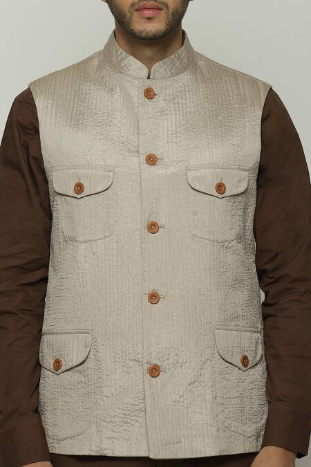 Shop_Abraham And Thakore_Beige Silk Stripe Texture Bundi_Online_at_Aza_Fashions