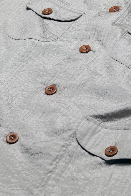 Abraham And Thakore_Beige Silk Stripe Texture Bundi_at_Aza_Fashions