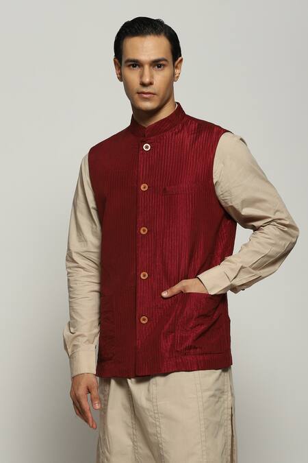 Abraham And Thakore_Maroon Silk Stripe Stitch Bundi_Online_at_Aza_Fashions