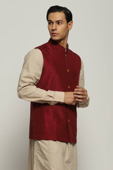 Buy_Abraham And Thakore_Maroon Silk Stripe Stitch Bundi_Online_at_Aza_Fashions