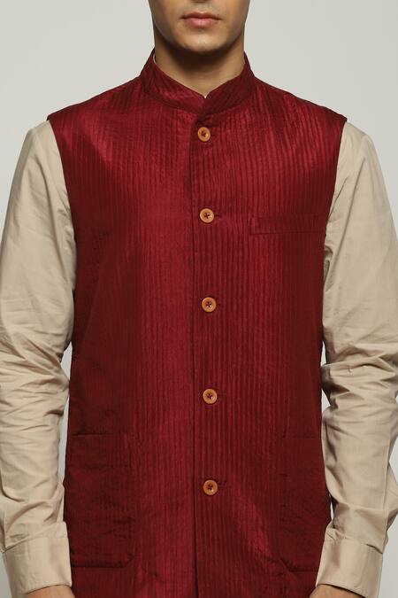 Shop_Abraham And Thakore_Maroon Silk Stripe Stitch Bundi_Online_at_Aza_Fashions
