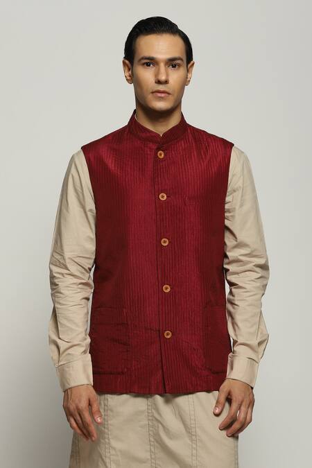 Abraham And Thakore_Maroon Silk Stripe Stitch Bundi_at_Aza_Fashions
