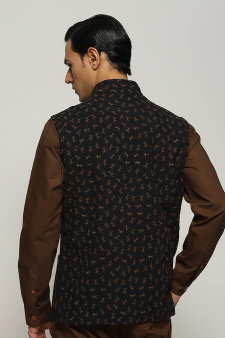 Shop Abraham And Thakore Black Cotton Embroidery Ant Bundi at Aza Fashions Shop_Abraham And Thakore_Black Cotton Embroidery Ant Bundi_at_Aza_Fashions
