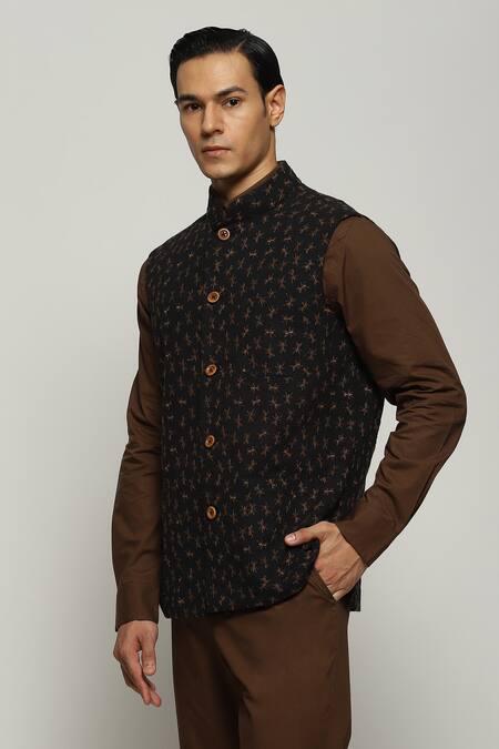 Abraham And Thakore Black Cotton Embroidery Ant Bundi Online at Aza Fashions Abraham And Thakore_Black Cotton Embroidery Ant Bundi_Online_at_Aza_Fashions