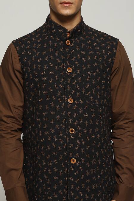 Shop Abraham And Thakore Black Cotton Embroidery Ant Bundi Online at Aza Fashions Shop_Abraham And Thakore_Black Cotton Embroidery Ant Bundi_Online_at_Aza_Fashions