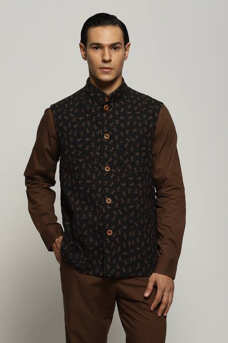 Abraham And Thakore Black Cotton Embroidery Ant Bundi at Aza Fashions Abraham And Thakore_Black Cotton Embroidery Ant Bundi_at_Aza_Fashions