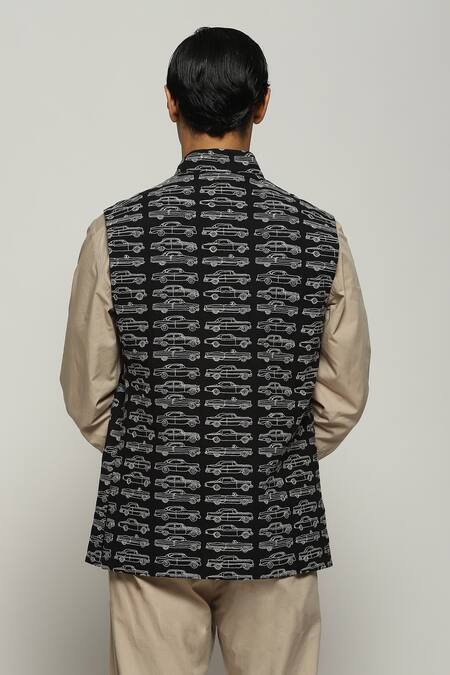 Shop Abraham And Thakore Black Cotton Embroidery Car Mania Bundi at Aza Fashions Shop_Abraham And Thakore_Black Cotton Embroidery Car Mania Bundi_at_Aza_Fashions