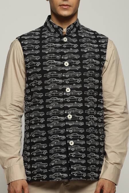 Abraham And Thakore Black Cotton Embroidery Car Mania Bundi at Aza Fashions Abraham And Thakore_Black Cotton Embroidery Car Mania Bundi_at_Aza_Fashions