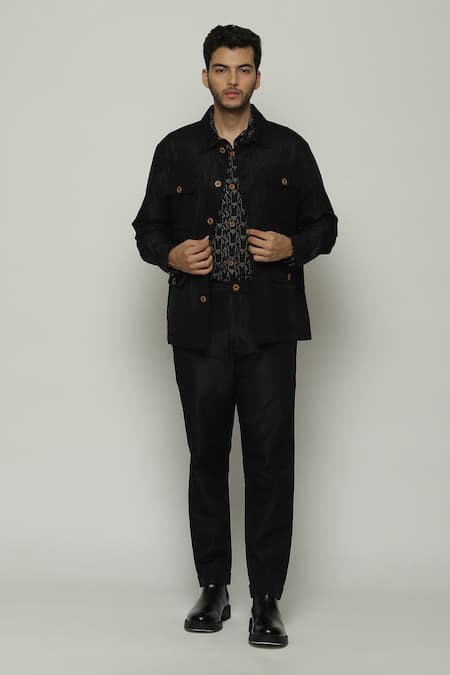 Abraham & Thakore Black Silk Stripe Texture Tonal Trupanto Stitch Line Jacket 