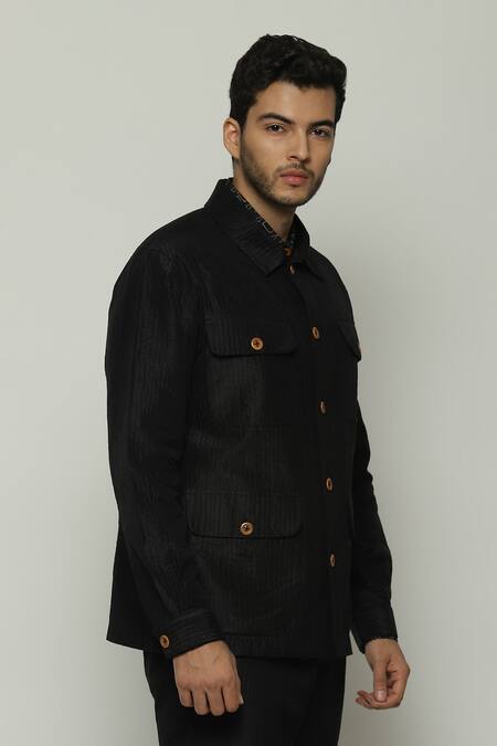 Abraham And Thakore_Black Silk Tonal Trupanto Stripe Stitch Line Jacket_Online_at_Aza_Fashions