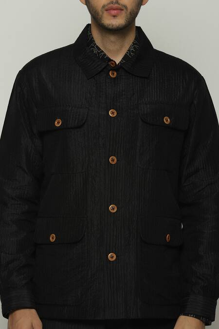 Buy_Abraham And Thakore_Black Silk Tonal Trupanto Stripe Stitch Line Jacket_Online_at_Aza_Fashions