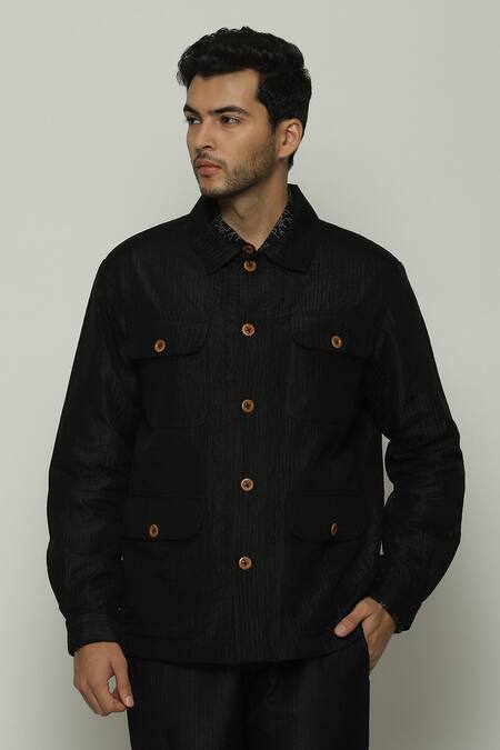 Abraham And Thakore_Black Silk Tonal Trupanto Stripe Stitch Line Jacket_at_Aza_Fashions