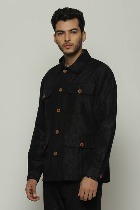 Buy_Abraham And Thakore_Black Silk Tonal Trupanto Stripe Stitch Line Jacket