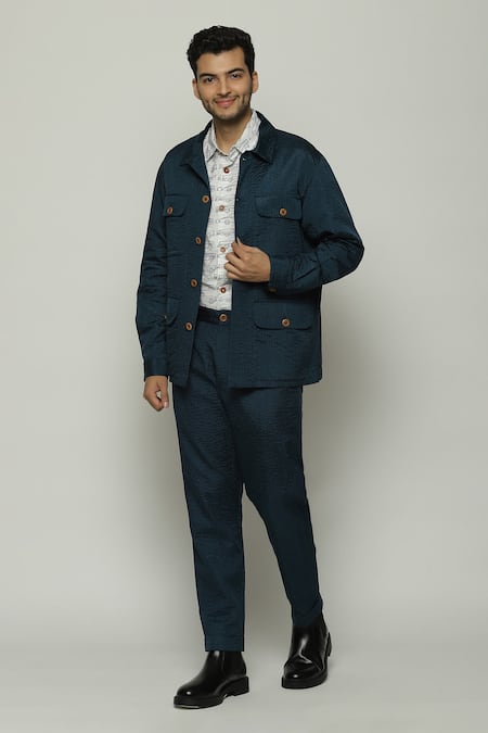 Abraham & Thakore Blue Silk Stripe Texture Tonal Trupanto Stitch Line Jacket 