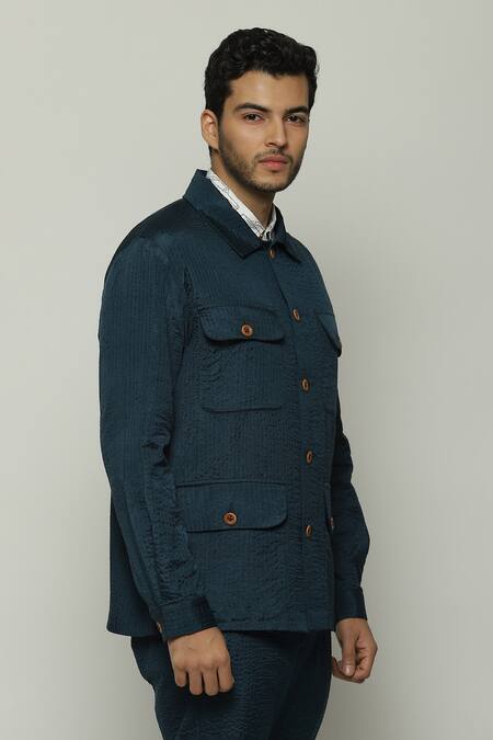 Abraham And Thakore_Blue Silk Tonal Trupanto Stripe Stitch Line Jacket_Online_at_Aza_Fashions
