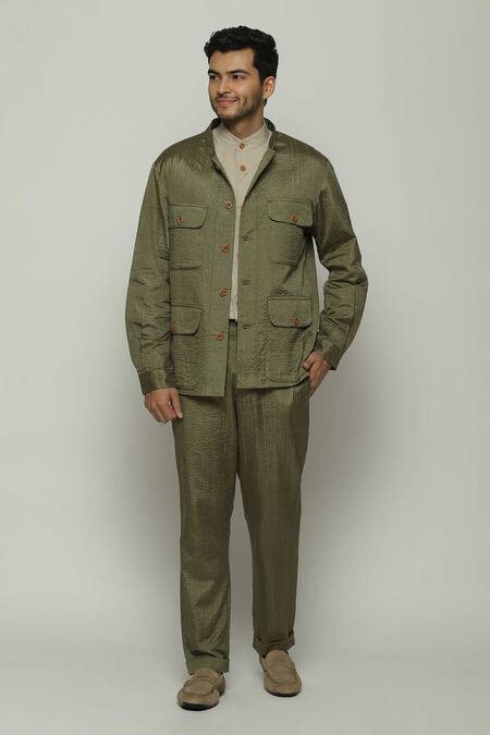 Abraham & Thakore Green Silk Stripe Texture Tonal Trupanto Stitch Line Jacket 