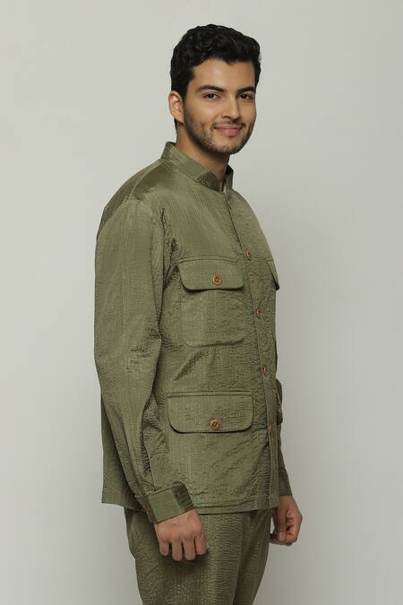 Abraham And Thakore_Green Silk Tonal Trupanto Stitch Line Jacket_Online_at_Aza_Fashions