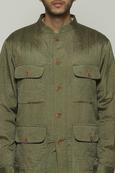 Buy_Abraham And Thakore_Green Silk Tonal Trupanto Stitch Line Jacket_Online_at_Aza_Fashions