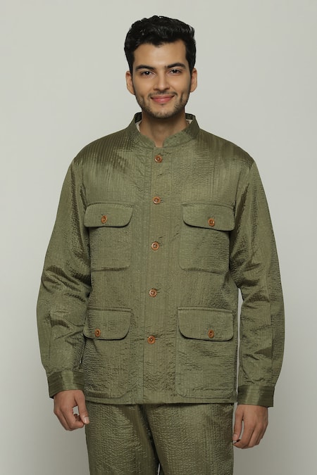 Abraham And Thakore_Green Silk Tonal Trupanto Stitch Line Jacket_at_Aza_Fashions
