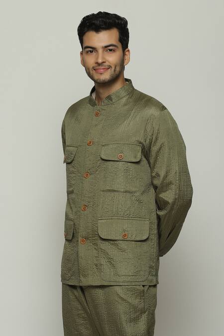 Buy_Abraham And Thakore_Green Silk Tonal Trupanto Stitch Line Jacket