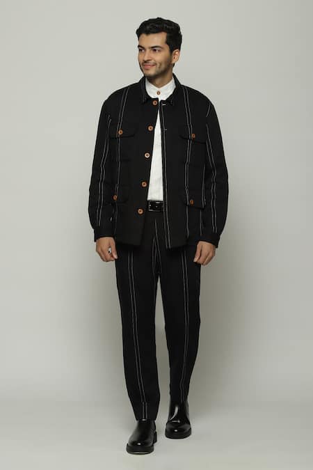 Abraham & Thakore Black Twill Spaced Out Stitch Lines Stripe Jacket 