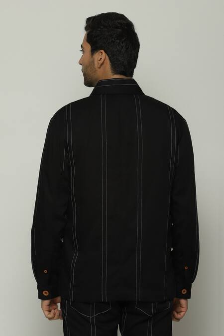 Shop Abraham And Thakore Black Twill Spaced Out Stitch Stripe Jacket at Aza Fashions Shop_Abraham And Thakore_Black Twill Spaced Out Stitch Stripe Jacket_at_Aza_Fashions