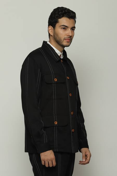 Abraham And Thakore Black Twill Spaced Out Stitch Stripe Jacket Online at Aza Fashions Abraham And Thakore_Black Twill Spaced Out Stitch Stripe Jacket_Online_at_Aza_Fashions