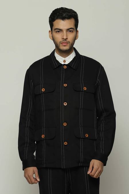 Abraham And Thakore Black Twill Spaced Out Stitch Stripe Jacket at Aza Fashions Abraham And Thakore_Black Twill Spaced Out Stitch Stripe Jacket_at_Aza_Fashions