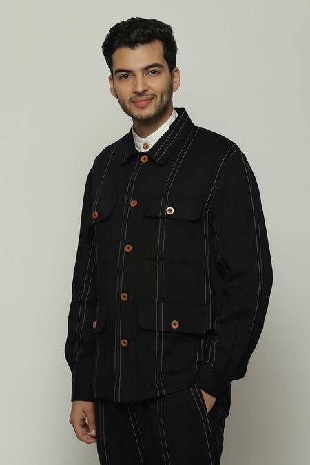 Buy Abraham And Thakore Black Twill Spaced Out Stitch Stripe Jacket Buy_Abraham And Thakore_Black Twill Spaced Out Stitch Stripe Jacket