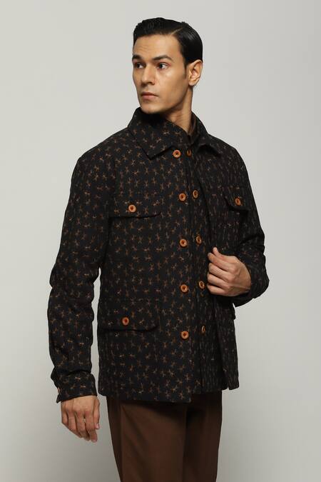 Abraham And Thakore_Black Cotton Embroidery Ant Jacket_Online_at_Aza_Fashions