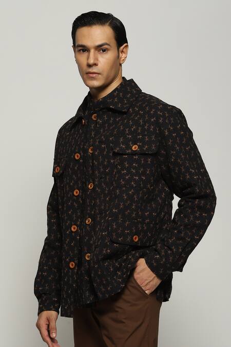 Buy_Abraham And Thakore_Black Cotton Embroidery Ant Jacket_Online_at_Aza_Fashions
