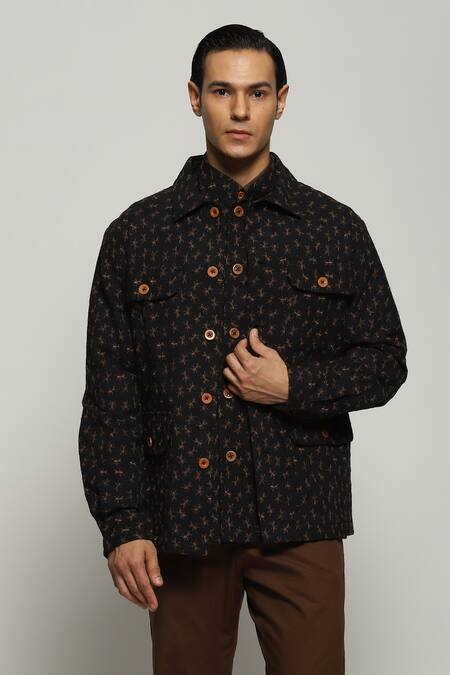 Abraham And Thakore_Black Cotton Embroidery Ant Jacket_at_Aza_Fashions