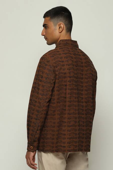 Shop Abraham And Thakore Brown Cotton Embroidery Car Mania Jacket at Aza Fashions Shop_Abraham And Thakore_Brown Cotton Embroidery Car Mania Jacket_at_Aza_Fashions