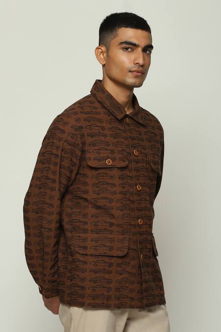 Abraham And Thakore Brown Cotton Embroidery Car Mania Jacket Online at Aza Fashions Abraham And Thakore_Brown Cotton Embroidery Car Mania Jacket_Online_at_Aza_Fashions