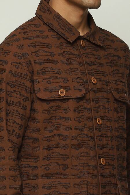 Shop Abraham And Thakore Brown Cotton Embroidery Car Mania Jacket Online at Aza Fashions Shop_Abraham And Thakore_Brown Cotton Embroidery Car Mania Jacket_Online_at_Aza_Fashions