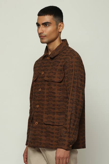 Abraham And Thakore Brown Cotton Embroidery Car Mania Jacket at Aza Fashions Abraham And Thakore_Brown Cotton Embroidery Car Mania Jacket_at_Aza_Fashions