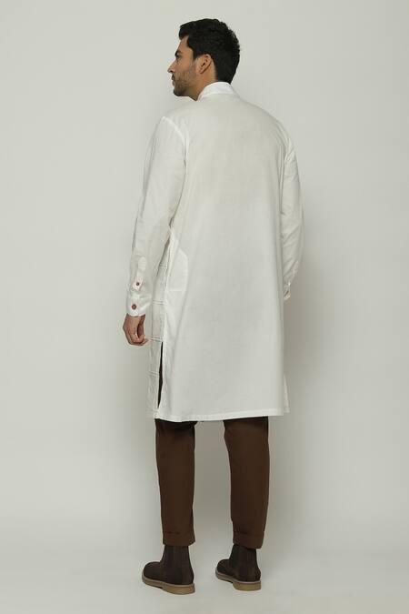 Shop Abraham And Thakore Ivory Poplin Pleated Check Long Kurta at Aza Fashions Shop_Abraham And Thakore_Ivory Poplin Pleated Check Long Kurta_at_Aza_Fashions