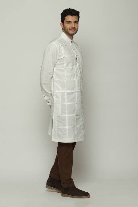 Abraham And Thakore Ivory Poplin Pleated Check Long Kurta Online at Aza Fashions Abraham And Thakore_Ivory Poplin Pleated Check Long Kurta_Online_at_Aza_Fashions